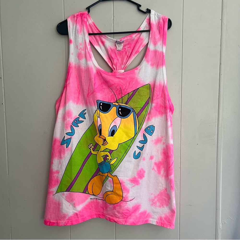 Vintage Looney Tunes Tweety Pink Tie Dye Racerback Tank Top Swimsuit Cover Up